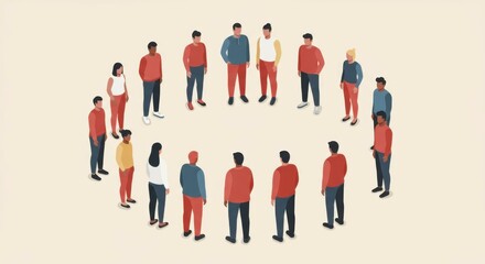 Fototapeta premium Minimalist illustration, diverse group of people, circular formation, textured background, flat design, stylized figures, varied clothing colors, business casual attire, community concept, unity repre