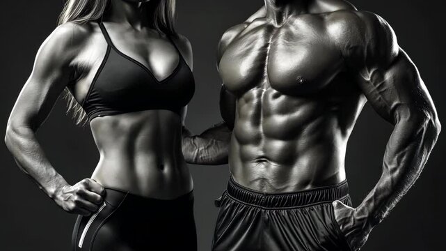 Athletic muscular woman and man torso on a black background.