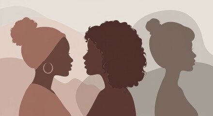 Silhouette profiles, diverse women, textured background, minimalist art, earth tones, afro hairstyle, hoop earrings, female empowerment, unity in diversity, side view portraits, layered composition, s