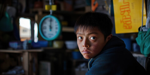 Portrait of a Boy with Down Syndrome in a Workshop Setting