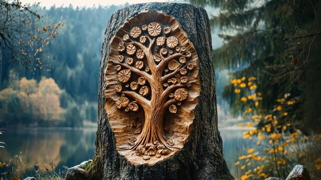 Intricate tree carving on forest tree trunk by serene lakeside in autumn ambience
