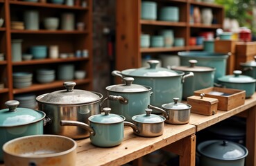 Naklejka premium Vintage kitchenware displayed at secondhand market. Various pots, pans on wooden shelves. Antique cooking items for sale. Sustainable living theme. Eco-friendly market promotes secondhand goods.