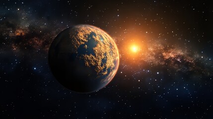 Obraz premium Planet horizon with bright orange glow. Realistic vector illustration of view from outer space on abstract sunrise or sunset light. Dark cosmos starry background with astronomy flare effect.