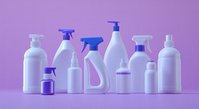 A row of white cleaning products are lined up on a purple background. The products include a bottle of Windex, a bottle of Lysol, and a bottle of Clorox. Concept of cleanliness and organization