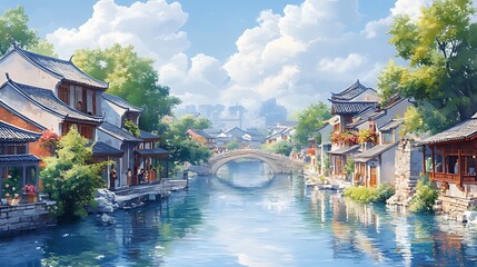 Fototapeta premium Tranquil canal town, arched bridge, sunny day, Asian architecture, travel poster