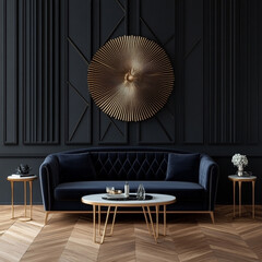 Elegant living room with modern decor and dark walls