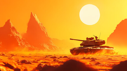 Military tank advancing in a fiery desert battlefield. Desert Haven. Illustration