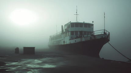 Mysterious foggy harbor: automobile ferry docked in thick mist - stock photo. Desert Haven. Illustration