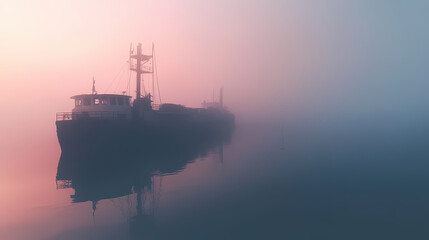 Fototapeta premium Mysterious foggy harbor: automobile ferry docked in thick mist - stock photo. Desert Haven. Illustration