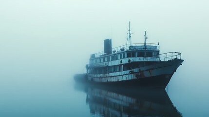 Naklejka premium Mysterious foggy harbor: automobile ferry docked in thick mist - stock photo. Desert Haven. Illustration