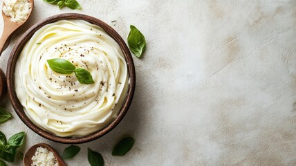 Creamy mayonnaise in bowl with basil leaves on rustic background