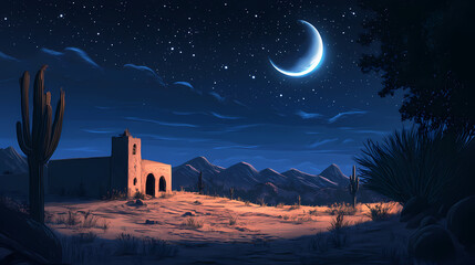 Fototapeta premium Night landscape illustration: moonlit desert haven. Desert Haven. Illustration