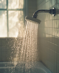 Sunlit shower stream in tiled bathroom ambiance