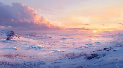A serene sunset paints the sky with warm hues over a snowy arctic landscape landscape