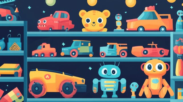 Toy store sale flyer templates set. Vector collection of leaflets with colorful cartoon stuffed animals, remote control cars, robots on shelves. Black Friday shopping announcement illustration