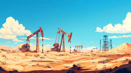 Fototapeta premium Panoramic view of a desert oil field with endless pumpjacks. Desert Haven. Illustration