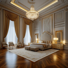 Luxurious bedroom with elegant decor and chandelier