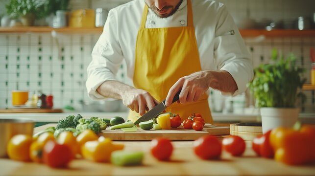Focused Culinary Enthusiast in Crisp White Shirt Skillfully Slicing Fresh Vegetables on Wooden Cutting Board in Bright Modern Kitchen Creating an Inviting Atmosphere for Cooking