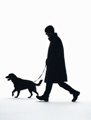 Black silhouettes of a man walking ้his dog on a white background.