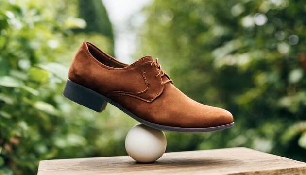 Stylish Brown Velour Shoe Balanced Gracefully on a Ball: Unique Fashion Display