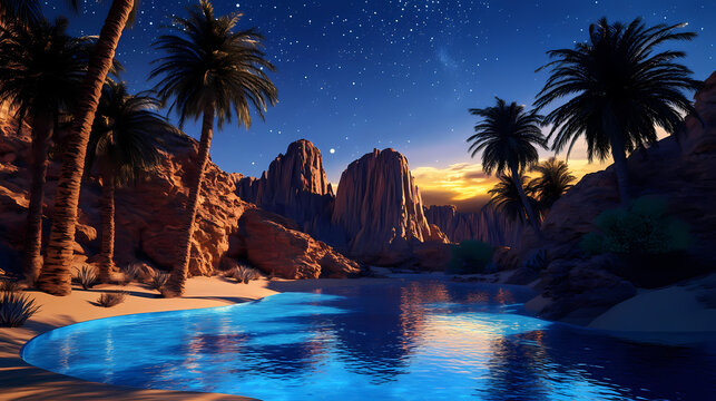 Stunning desert oasis with palm trees and clear blue pool amidst sandy terrain and rocky cliffs under starry sky - ultimate desert haven for tranquil retreats. Desert Haven. Illustration