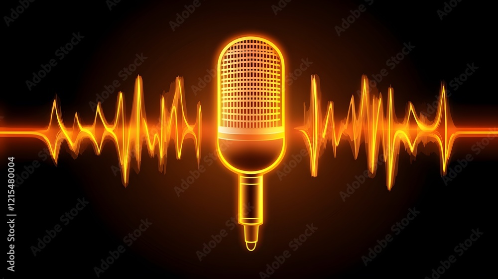 Poster glowing microphone with sound wave abstract design