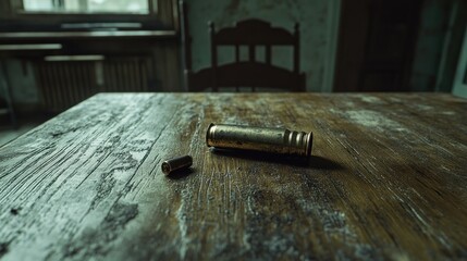 Abandoned house, spent shell casing on table