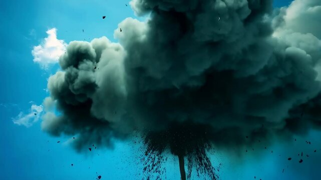 Spectacular Explosion with Fire and Smoke Against a Blue Sky