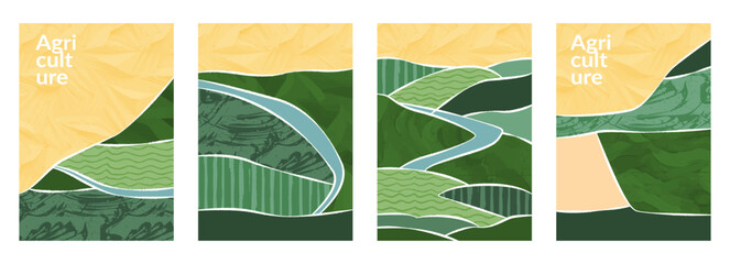 Farm field agriculture pattern of rice, wheat, corn in organic landscape. Green rural vector background, nature layout. Abstract aerial view of farmland, hill, river. Cover template, brochure, poster © Maria Petrish