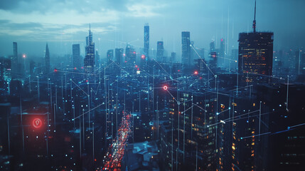Fototapeta premium Smart digital Innovation city with connection network reciprocity over the twilight cityscape. of future smart wireless digital city and social media networking systems that connects people with city