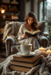 Serene indoor scene with books, coffee, and a woman reading in a cozy ambiance.


