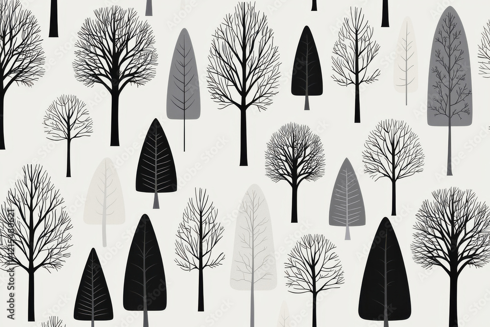 Poster scandinavian-style pattern featuring minimalist black and gray tree silhouettes arranged symmetrical