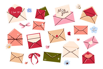 Stickers for St. Valentine's Day on February 14 with envelopes and love letters. Mail items set, romantic letters envelops with greeting postcards, holiday mails, invitation card. Envelope and paper