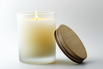 Scented candle in a frosted glass jar with a wooden lid on a bright white background