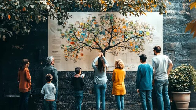 Curious group exploring vibrant wall chart under autumn leaves in urban setting