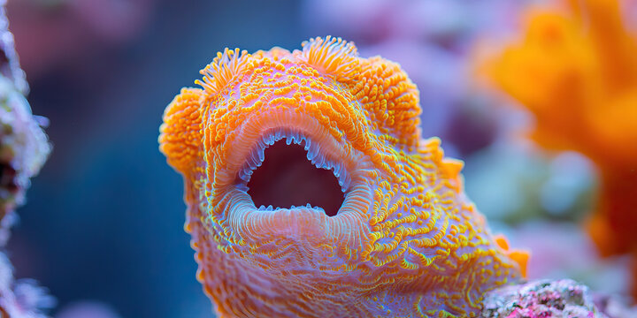 Close-up of Orange Coral Polyp with Open Mouth