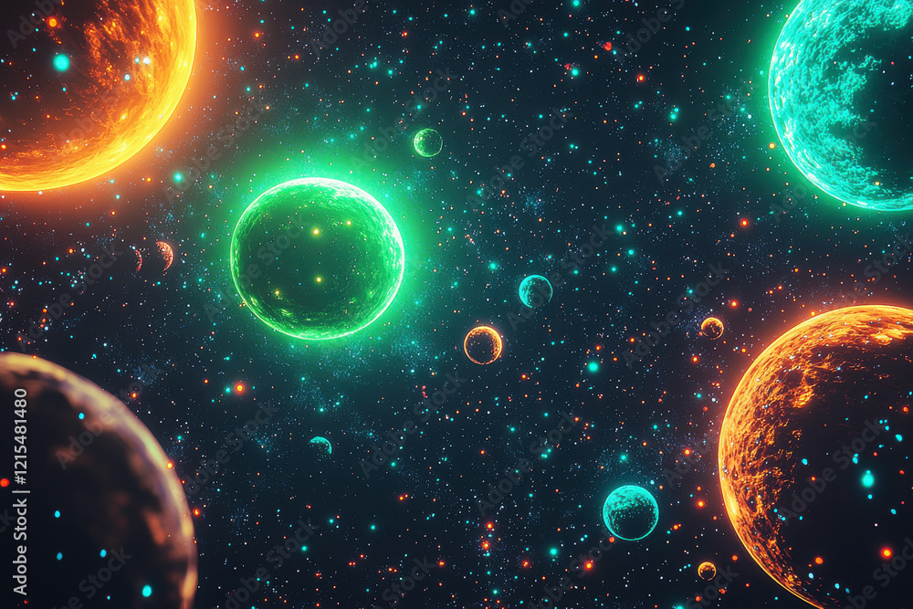 Poster vibrant cosmic pattern of glowing planets and asteroid fields in deep space with neon colors