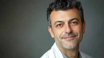 Fototapeta premium Casually Dressed Man with a Smile, Posed in Front of a Blurred Background