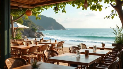 Obraz premium Beachfront Restaurant with Wooden Decor and Ocean Views