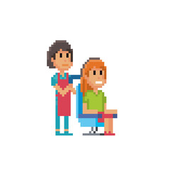 Female Hairdresser stylist at work pixel art icon. Design for logo, web, mobile app, sticker, badges and patches. Video game sprite. 8-bit. Isolated vector illustration.