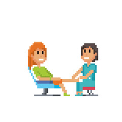 Pedicurist at work pixel art icon. Design for logo, web, mobile app, sticker, badges and patches. Video game sprite. 8-bit. Isolated vector illustration.
