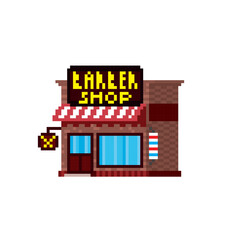 Barber shop pixel art icon. Design for logo, web, mobile app, sticker, badges and patches. Video game sprite. 8-bit. Isolated vector illustration.