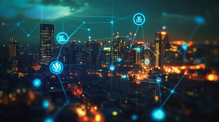 Fototapeta premium Smart digital Innovation city with connection network reciprocity over the twilight cityscape. of future smart wireless digital city and social media networking systems that connects people with city