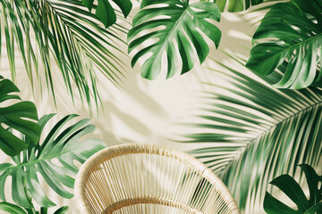 Seamless eco-friendly pattern featuring tropical leaves on a soft beige background for sustainable design projects