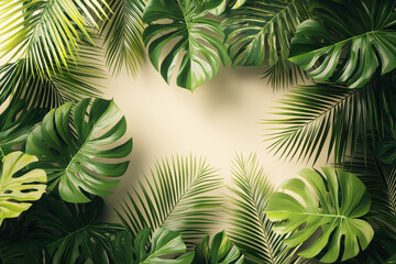 Seamless eco-friendly pattern featuring tropical leaves in lush green tones on a soft beige background