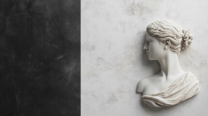 Ancient Greek-style white stone female bust against monochrome background