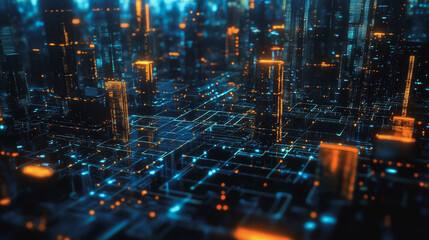 Fototapeta premium Smart digital Innovation city with connection network reciprocity over the twilight cityscape. of future smart wireless digital city and social media networking systems that connects people with city