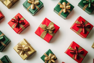 Seamless festive pattern of colorful gift boxes with shiny bows on a white background for holiday celebrations