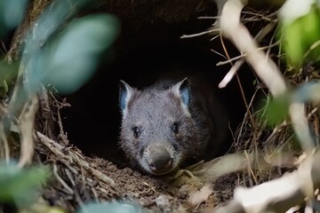 A wombat emerging from its burrow, nose twitching curiously, amid a backdrop of bushy undergrowth.