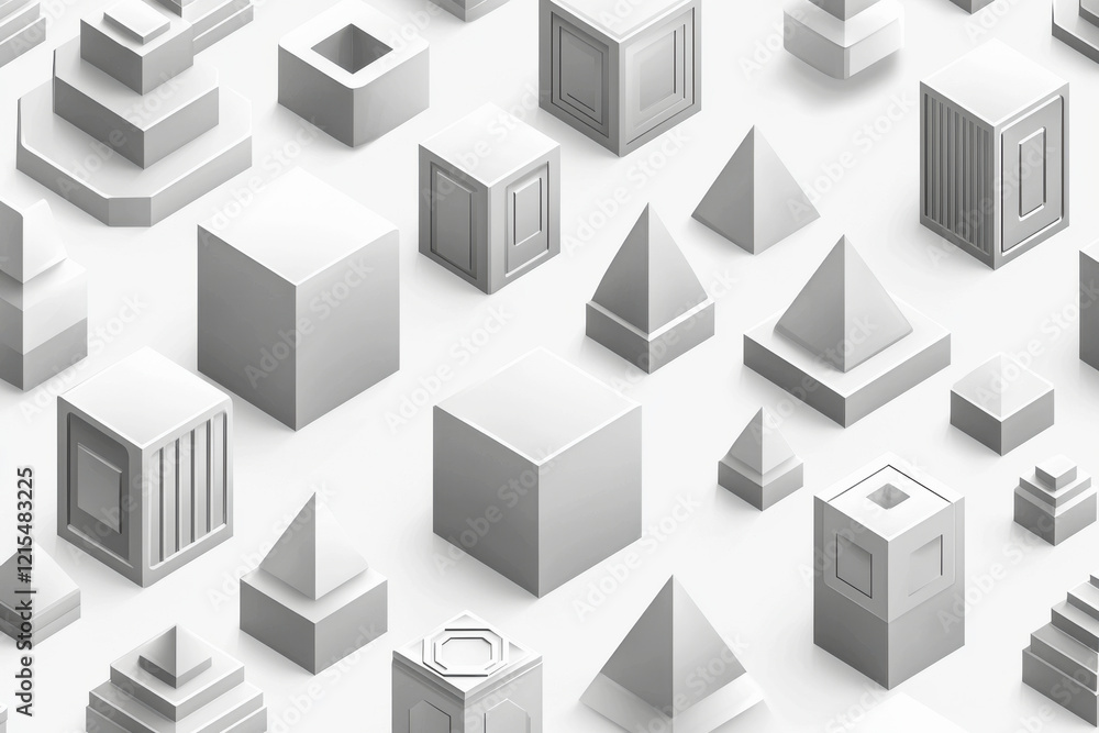 Poster seamless pattern of isometric geometric shapes in soft gray tones with high depth of field for moder